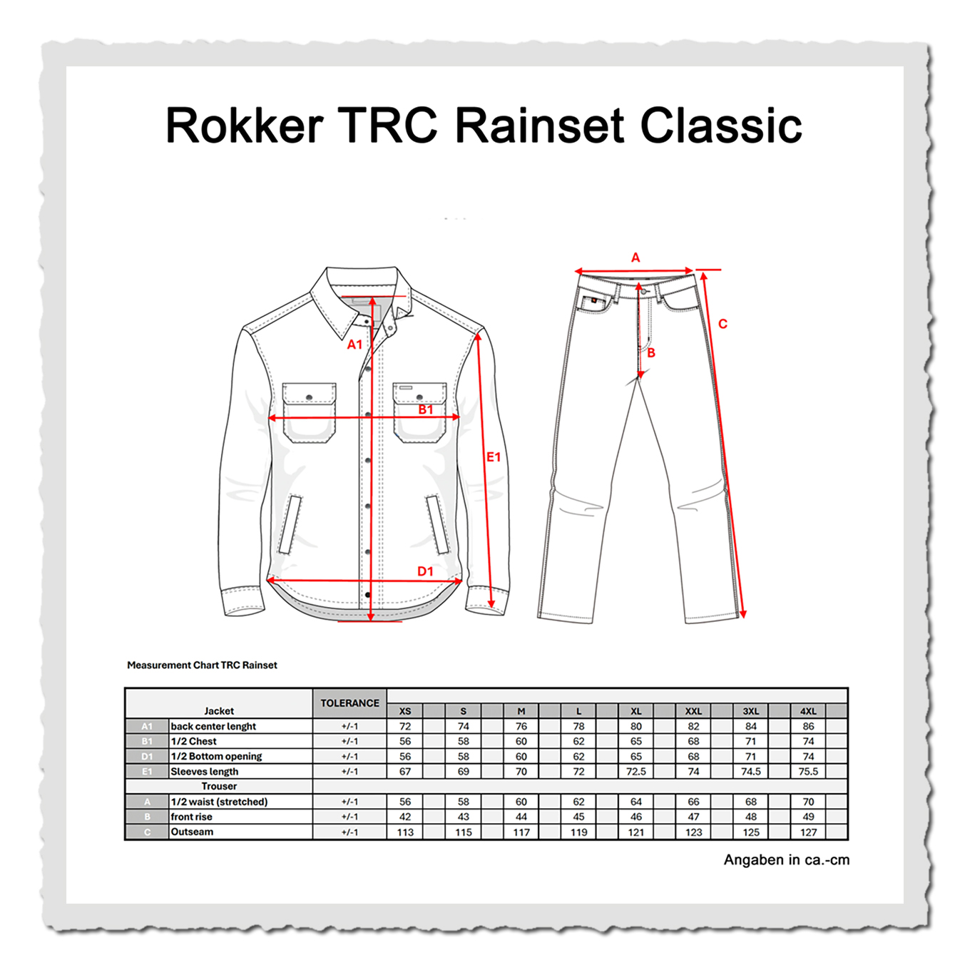Größen- und Maßgrafik für Jacke und Hose, Tabellenlayout mit Messpunkten, weißer Hintergrund.